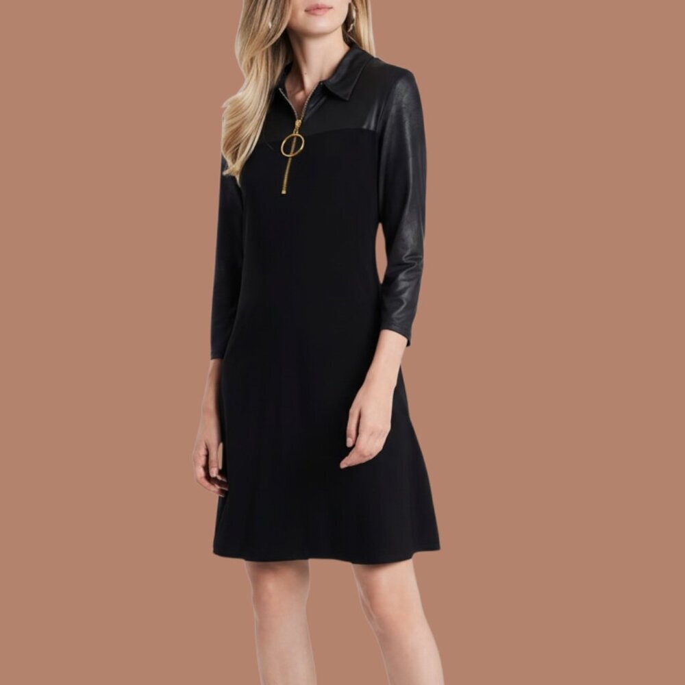 NWT Nanette Lepore Faux Leather Detail Black Quarter-Zip Dress  -Sz 4 -MSRP $148